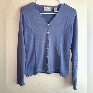 Tehama Nancy Haley Golfwear VTG Silk Blend V-Neck Long Sleeve Cardigan Sz M Blue
